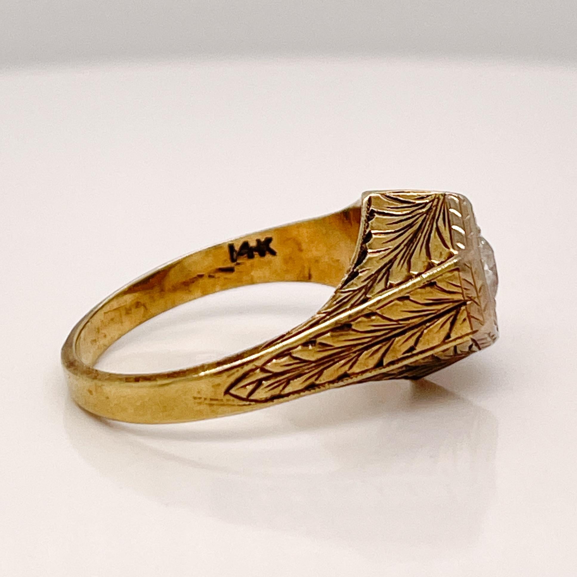 Edwardian Feather Engraved 14 Karat Gold & Old European Cut Diamond Ring For Sale 4