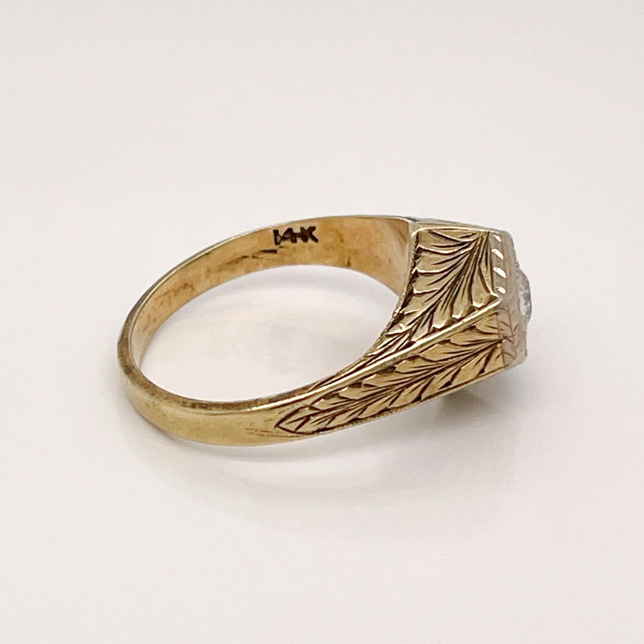 Edwardian Feather Engraved 14 Karat Gold & Old European Cut Diamond Ring For Sale 5