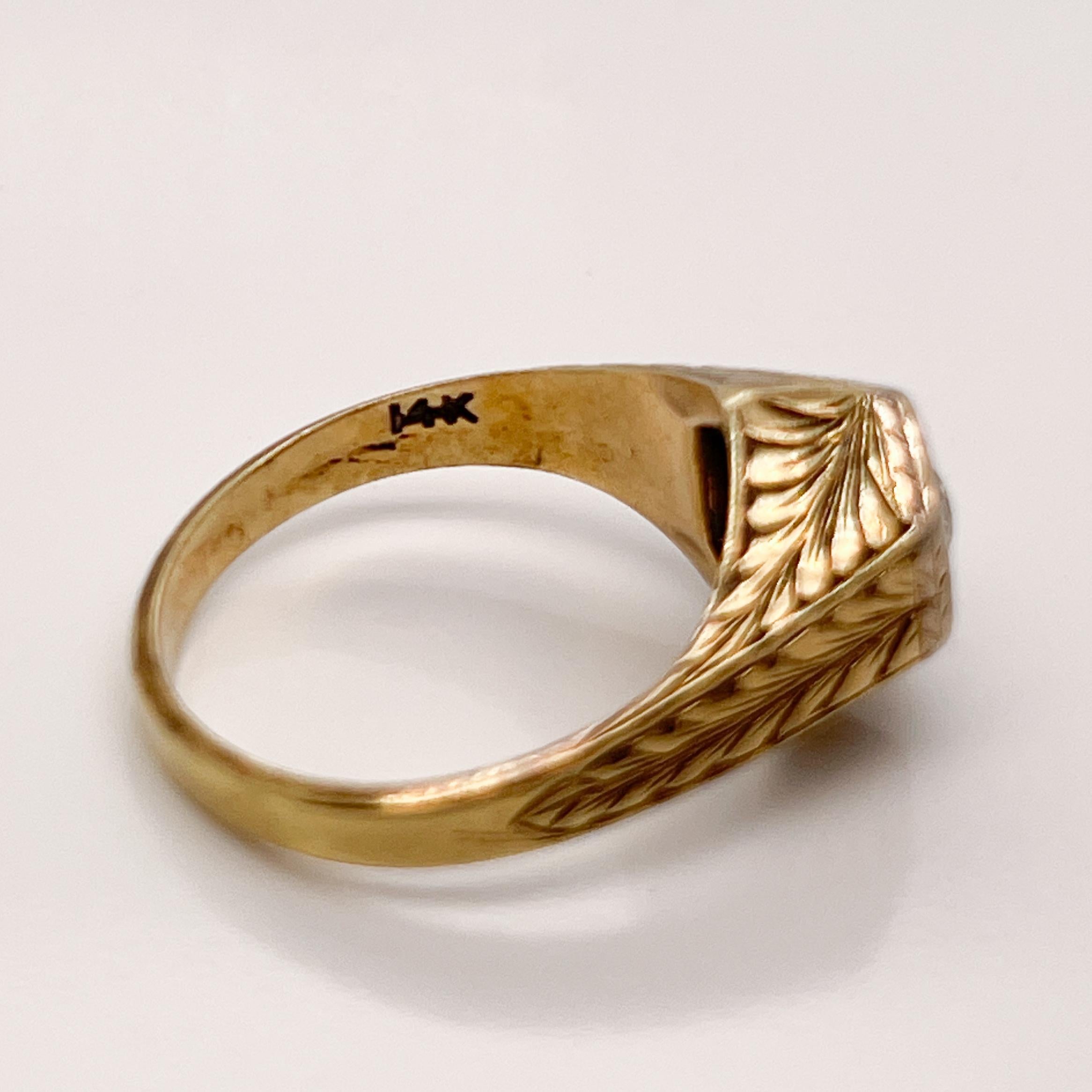 Edwardian Feather Engraved 14 Karat Gold & Old European Cut Diamond Ring For Sale 6