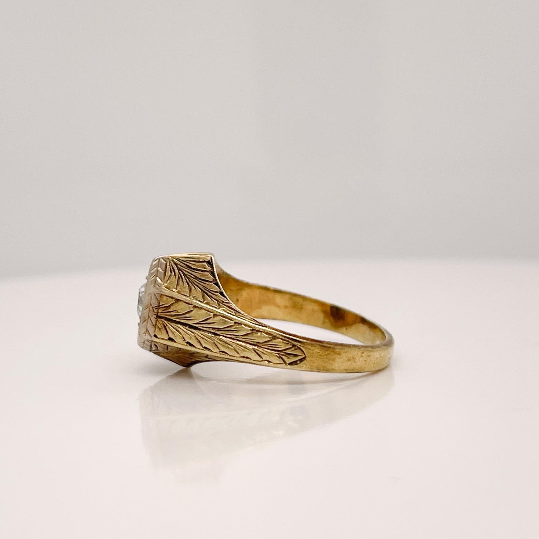 Retro Edwardian Feather Engraved 14 Karat Gold & Old European Cut Diamond Ring For Sale