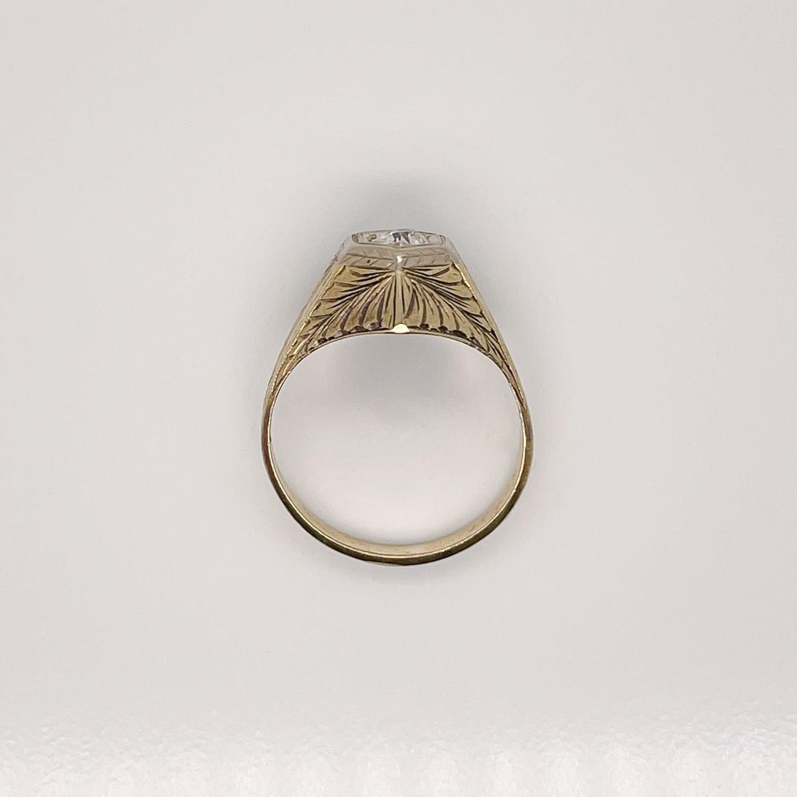 Edwardian Feather Engraved 14 Karat Gold & Old European Cut Diamond Ring In Good Condition For Sale In Philadelphia, PA