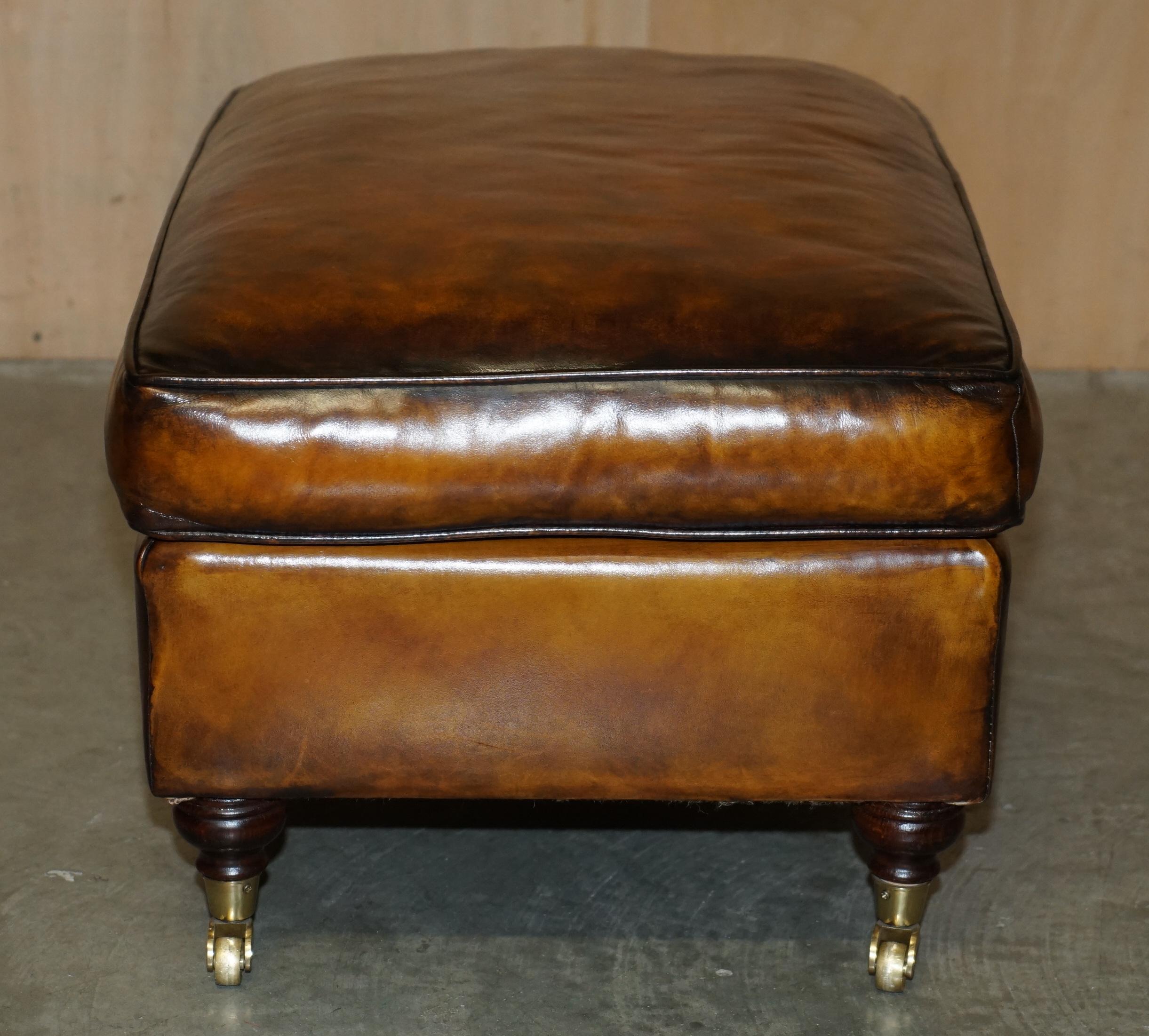 FEATHER FILLED RESTORED HAND DYED BROWN LEATHER OTTOMAN FOOTSTOOL PART OF SUiTE For Sale 3