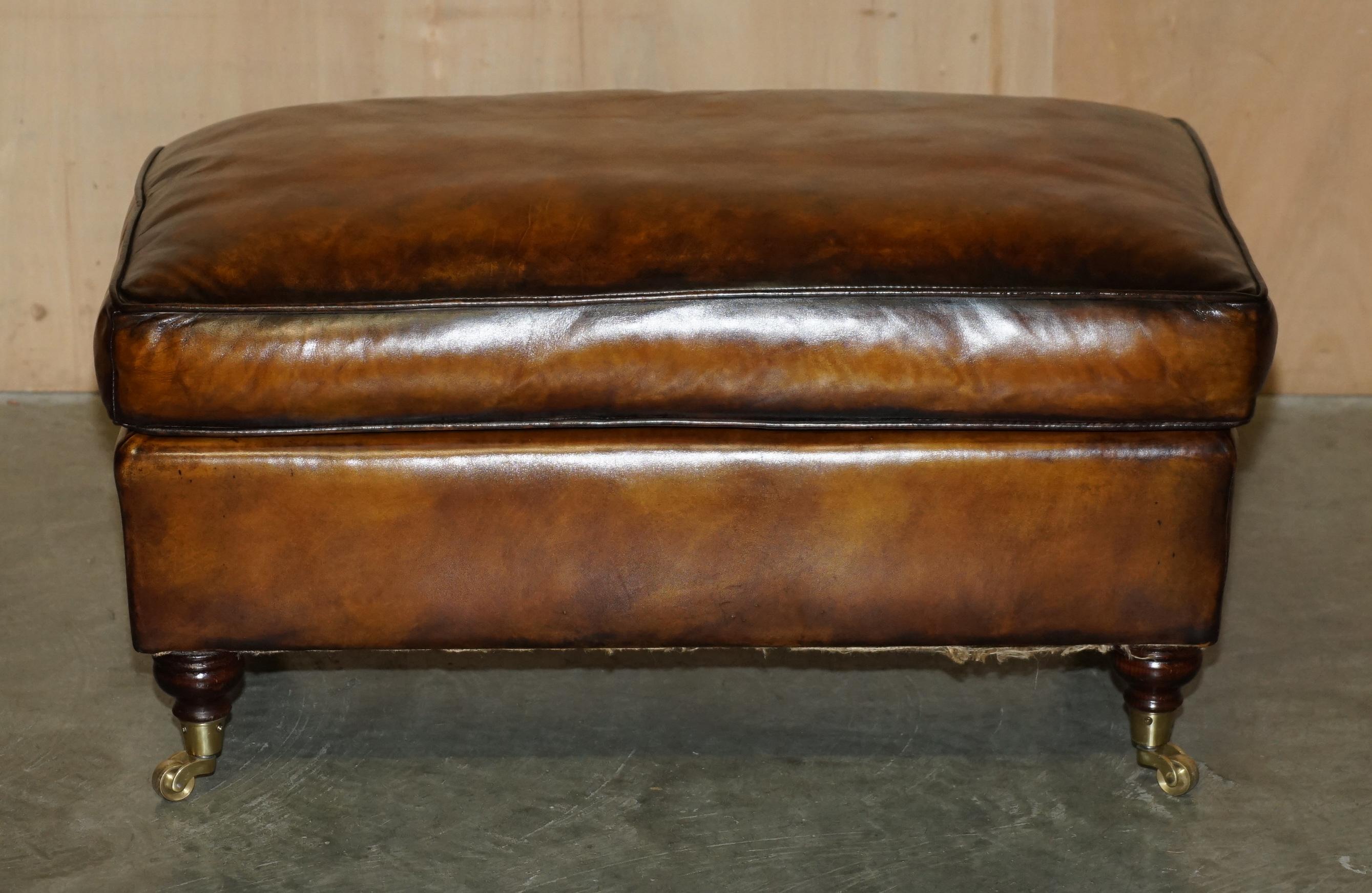 FEATHER FILLED RESTORED HAND DYED BROWN LEATHER OTTOMAN FOOTSTOOL PART OF SUiTE For Sale 4