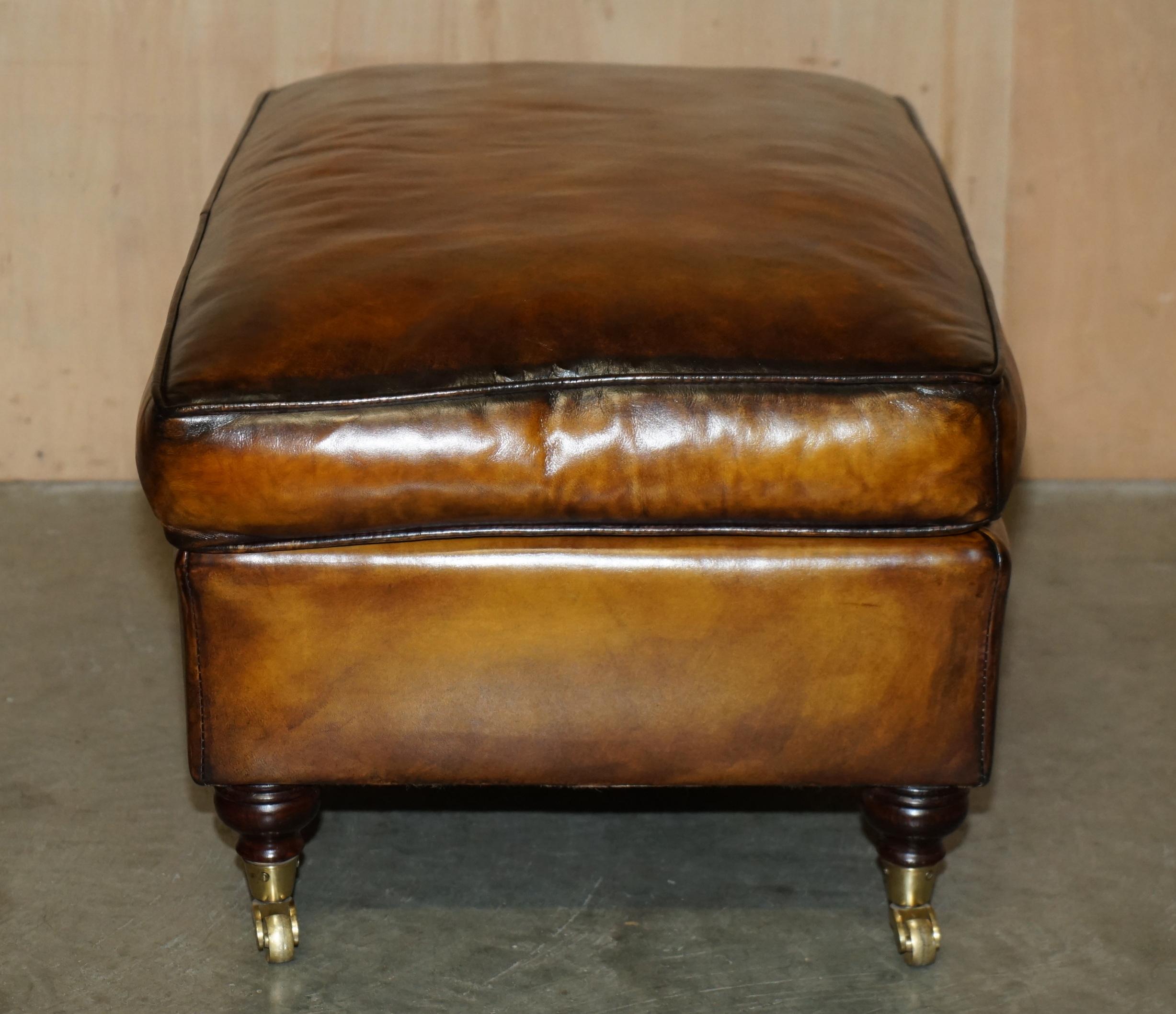 FEATHER FILLED RESTORED HAND DYED BROWN LEATHER OTTOMAN FOOTSTOOL PART OF SUiTE For Sale 5