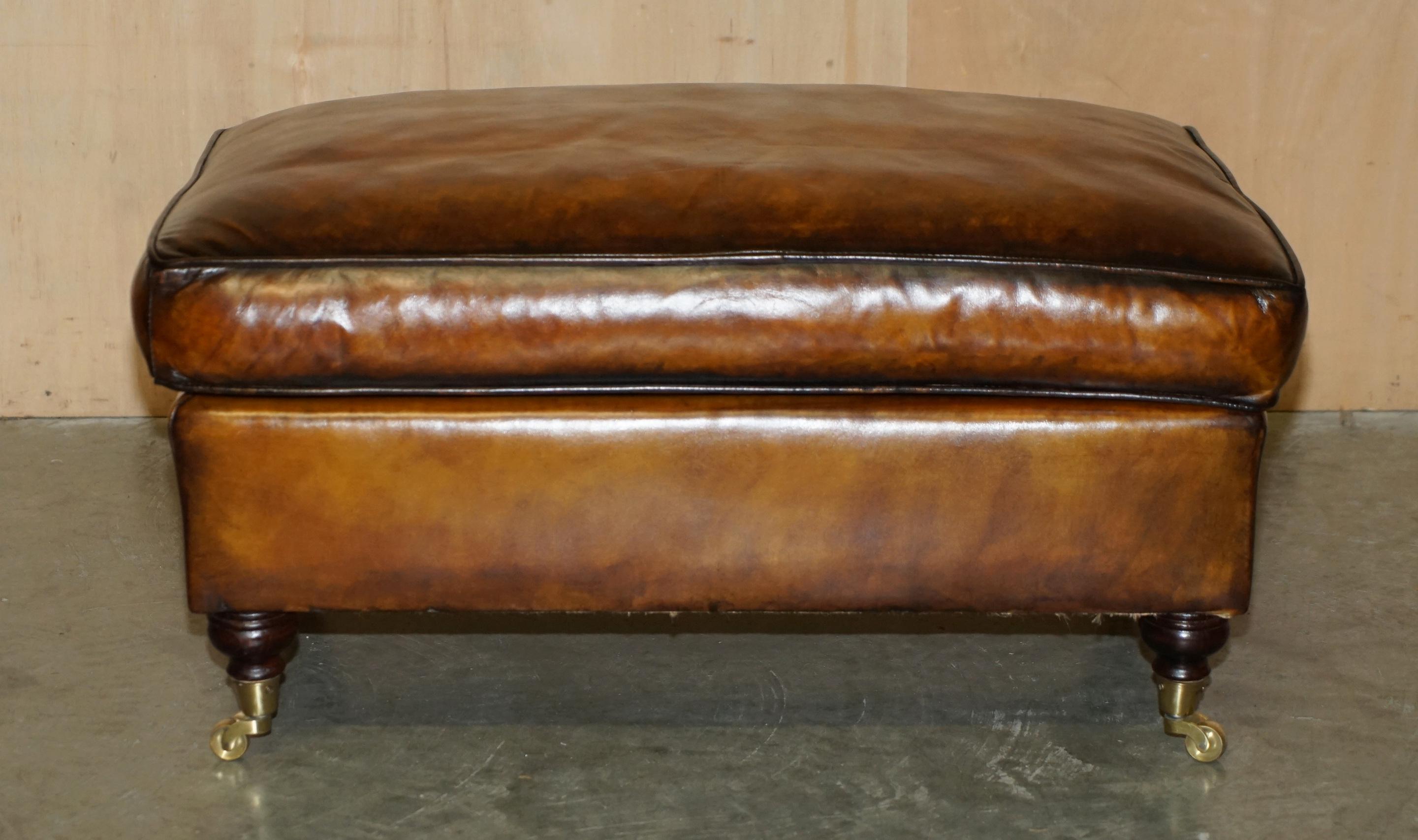 Royal House Antiques

Royal House Antiques is delighted to offer for sale this lovely vintage fully restored hand dyed brown leather ottoman footstool for two people with overstuffed feather filled cushion which is part of a suite

Please note the