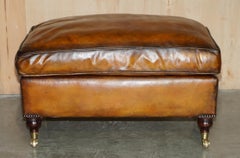 FEATHER FiLLED RESTORED HAND DYED BROWN LEATHER OTTOMAN FOOTSTOOL PART OF SUITE