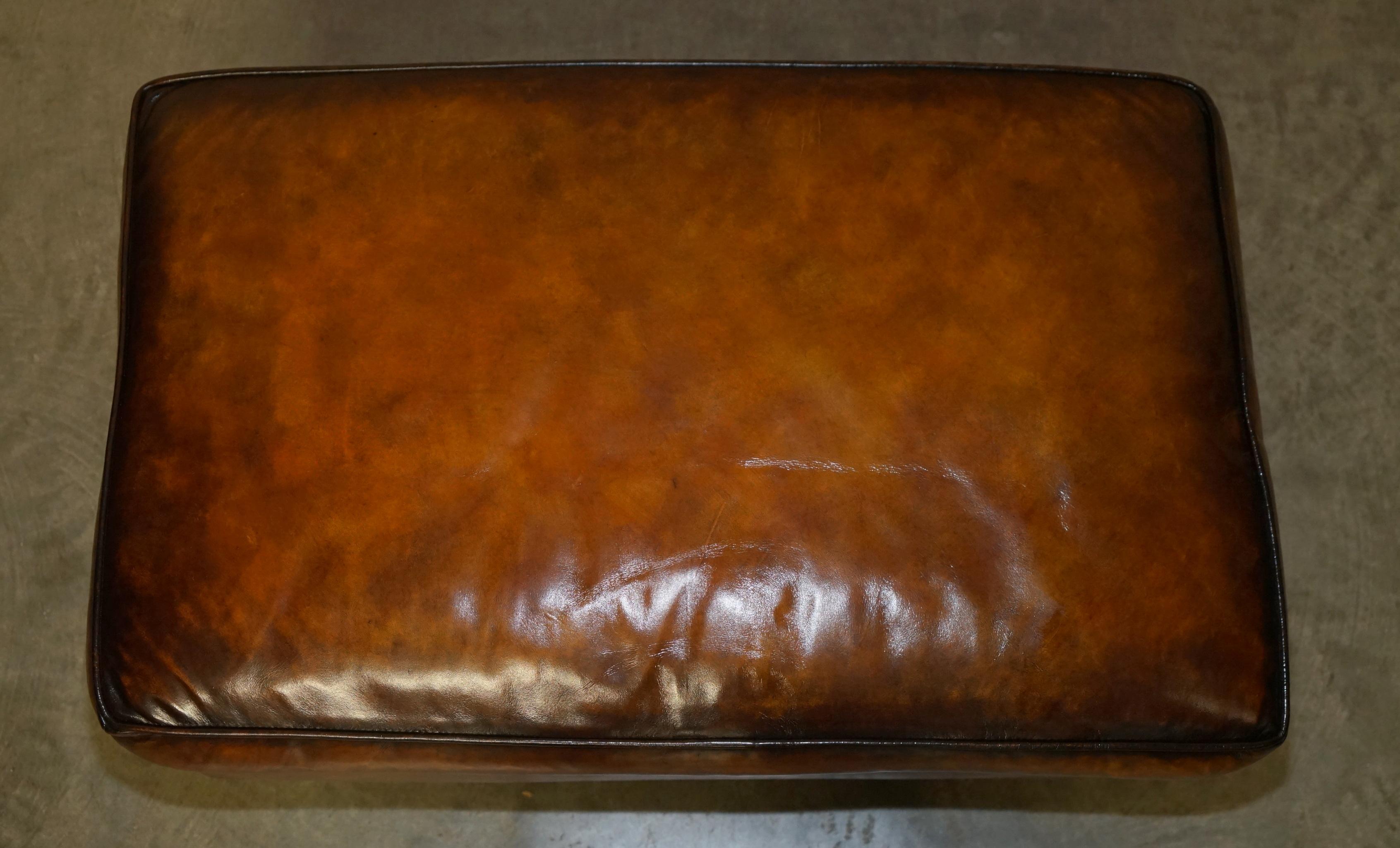 Country FEATHER FILLED RESTORED HAND DYED BROWN LEATHER OTTOMAN FOOTSTOOL PART OF SUiTE For Sale