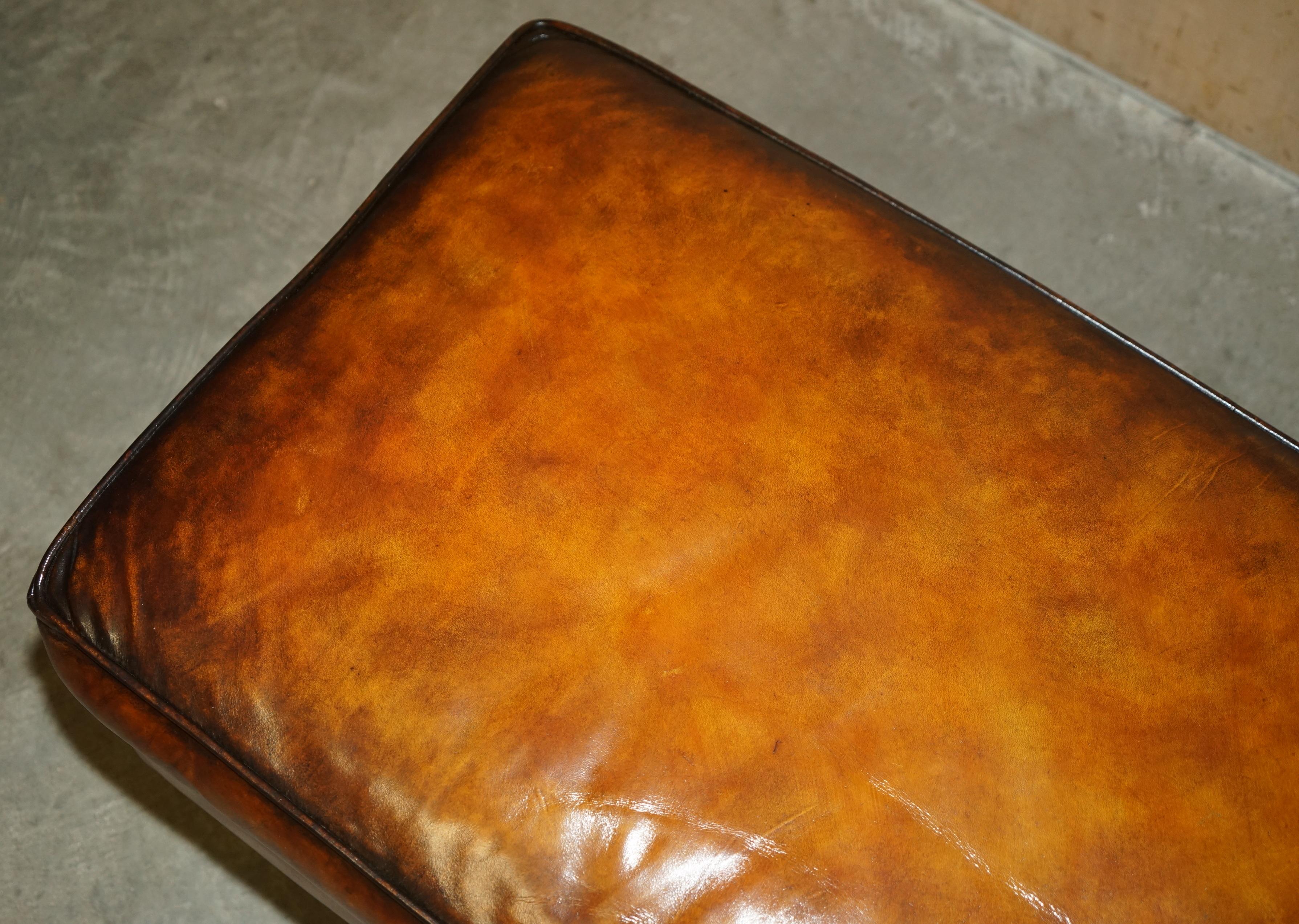 English FEATHER FILLED RESTORED HAND DYED BROWN LEATHER OTTOMAN FOOTSTOOL PART OF SUiTE For Sale