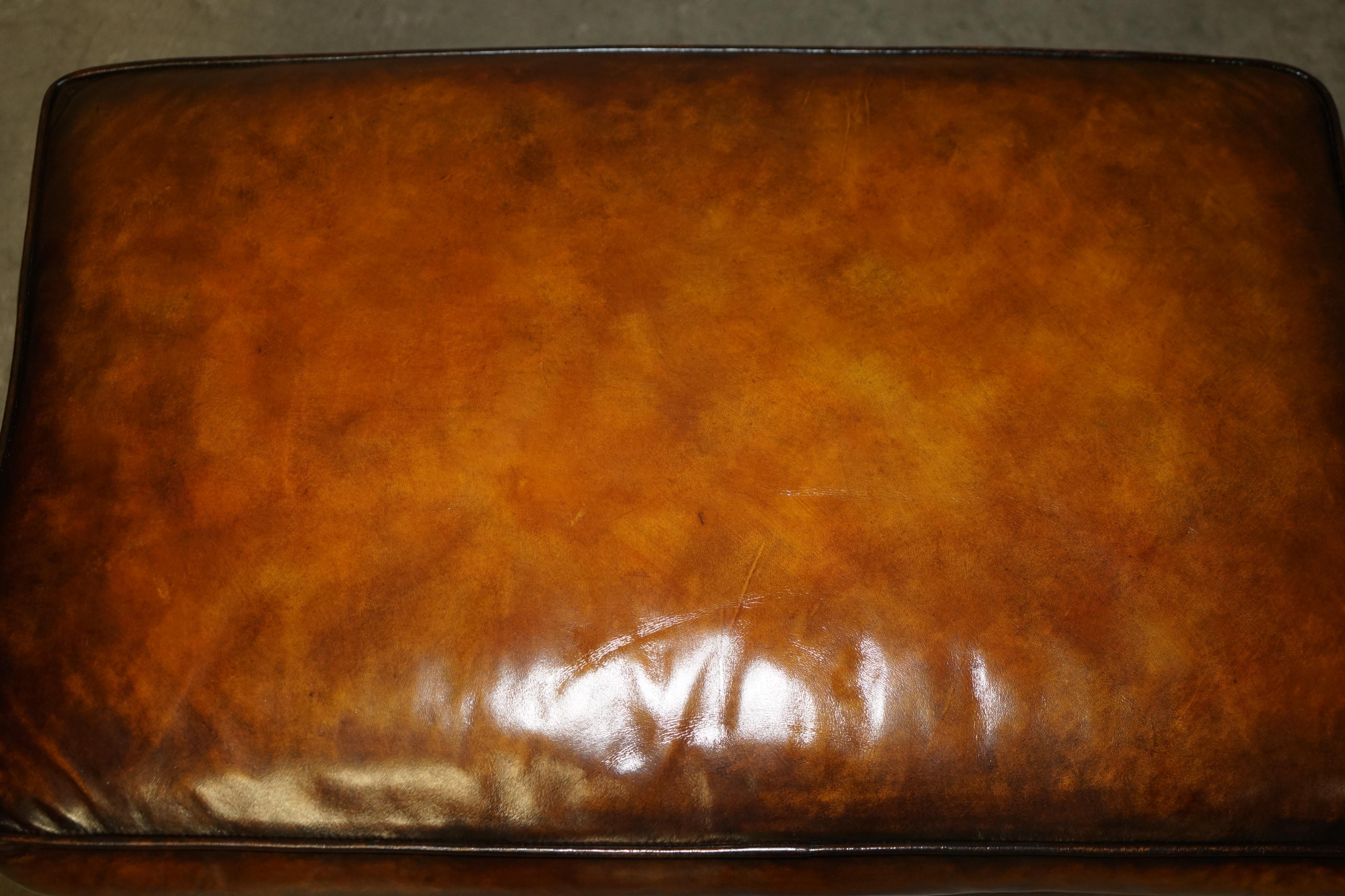 Hand-Crafted FEATHER FILLED RESTORED HAND DYED BROWN LEATHER OTTOMAN FOOTSTOOL PART OF SUiTE For Sale