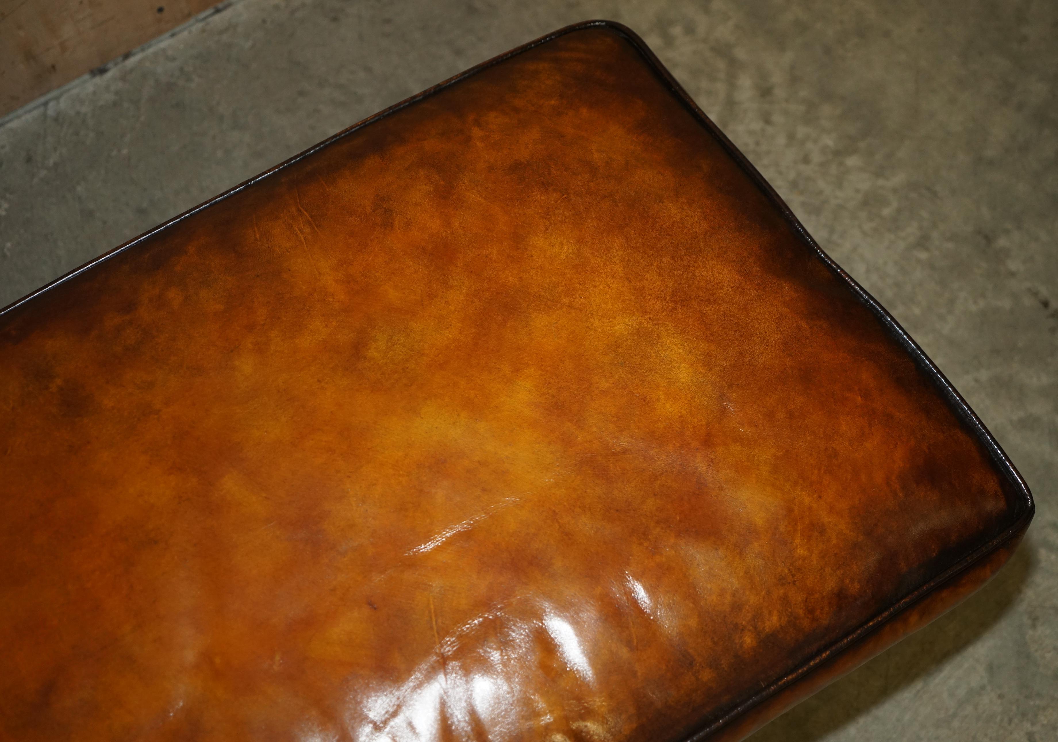 20th Century FEATHER FILLED RESTORED HAND DYED BROWN LEATHER OTTOMAN FOOTSTOOL PART OF SUiTE For Sale