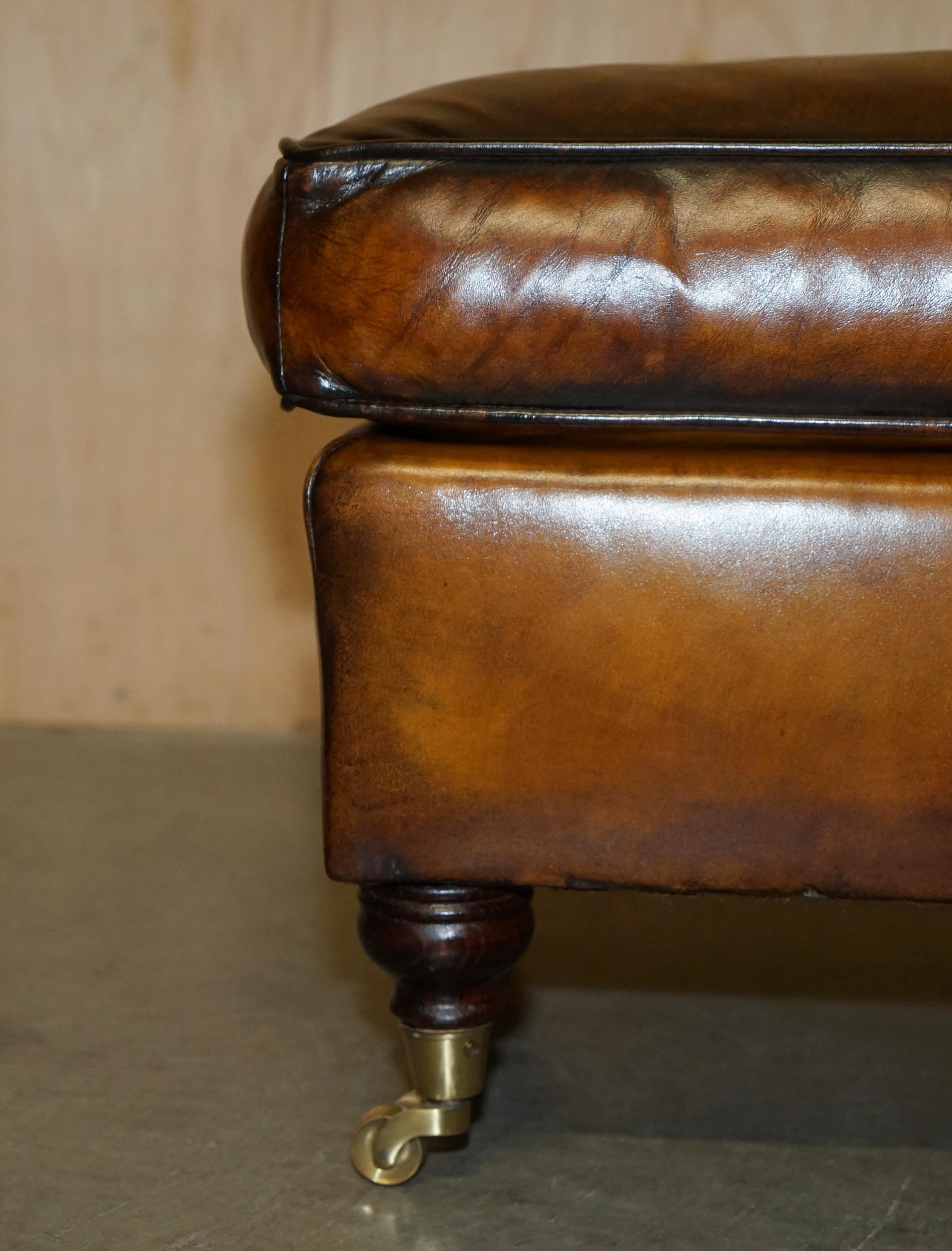 FEATHER FILLED RESTORED HAND DYED BROWN LEATHER OTTOMAN FOOTSTOOL PART OF SUiTE For Sale 1