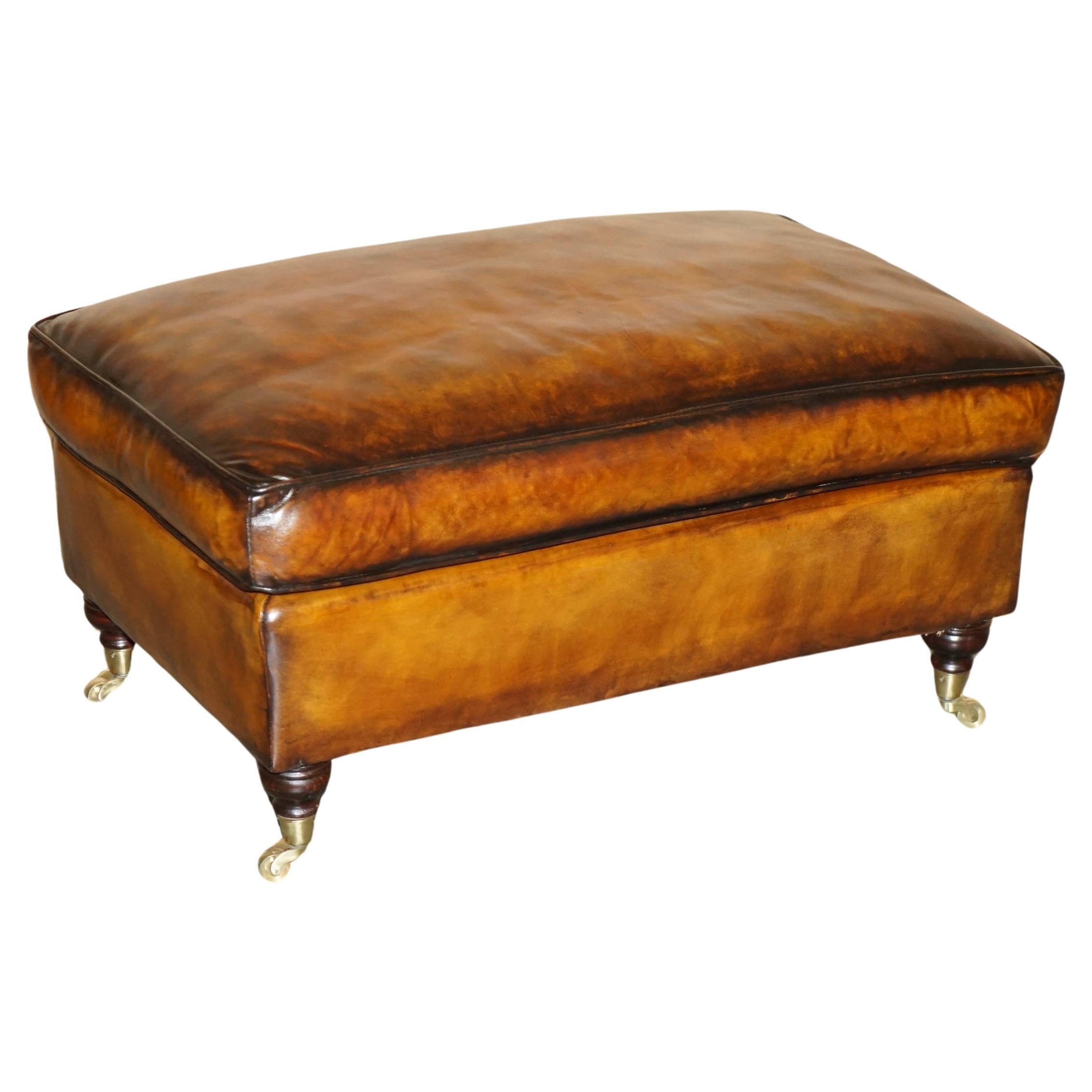 FEATHER FILLED RESTORED HAND DYED BROWN LEATHER OTTOMAN FOOTSTOOL PART OF SUiTE For Sale