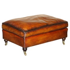 FEATHER FiLLED RESTORED HAND DYED BROWN LEATHER OTTOMAN FOOTSTOOL PART OF SUITE