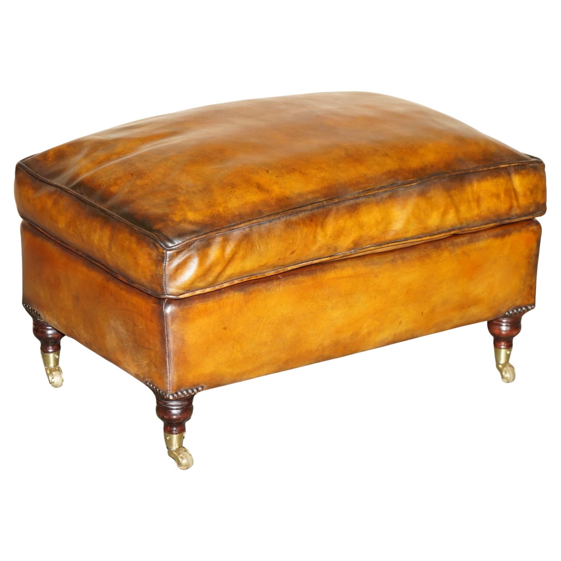 FEATHER FiLLED RESTORED HAND DYED BROWN LEATHER OTTOMAN FOOTSTOOL PART OF SUITE For Sale