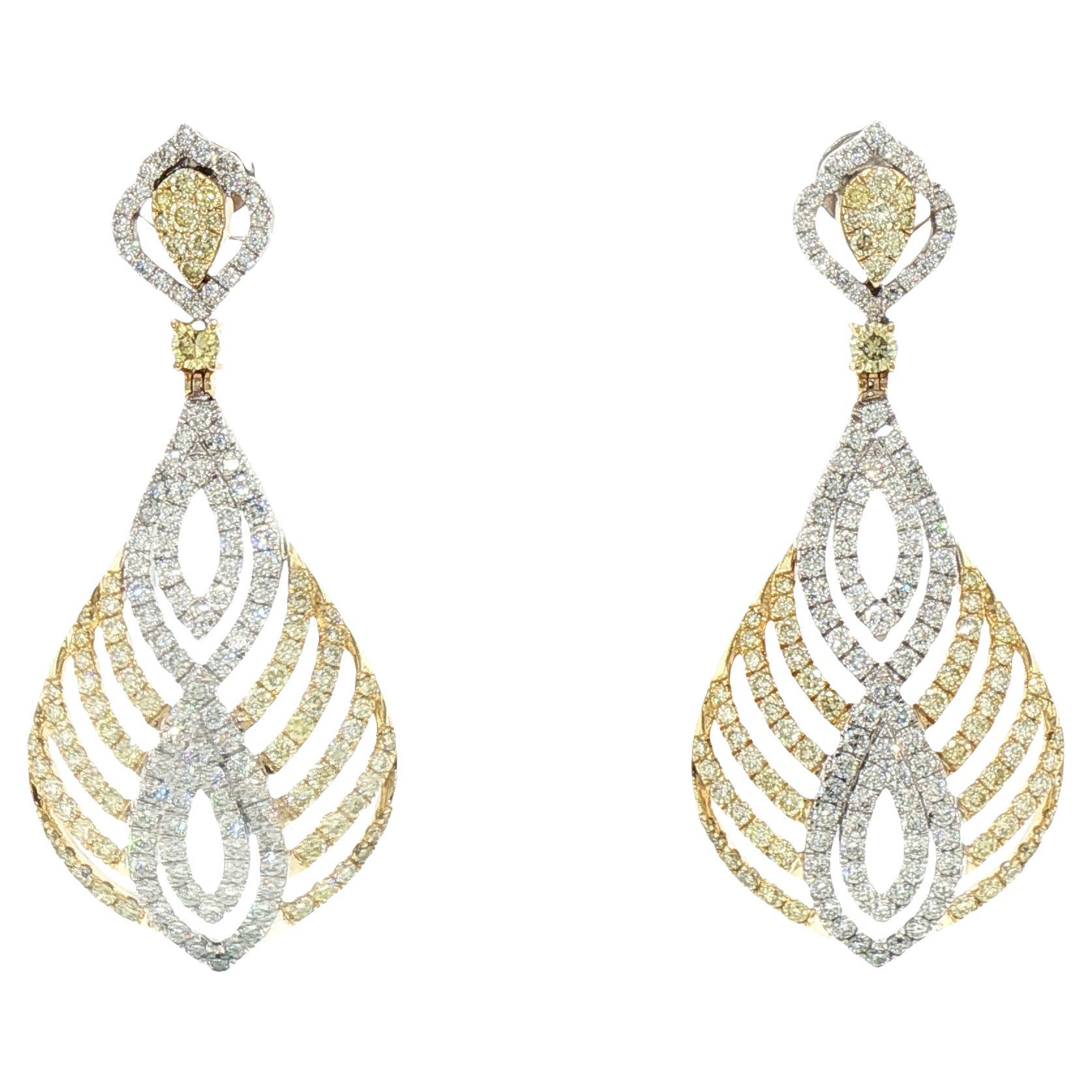 Feather-Inspired Dangling Earrings with Natural Yellow & White Diamonds For Sale