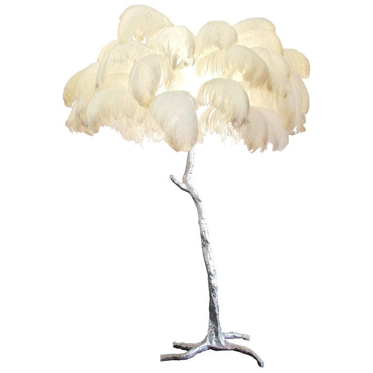 Feather Lamp with Silver Base For Sale