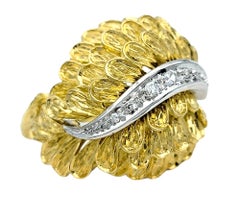 Feather Motif Domed Cocktail Ring with Diamonds 18 Karat Yellow & White Gold