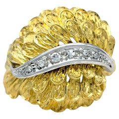 Feather Motif Dome Ring with Diamonds Set in 18 Karat Yellow and White Gold