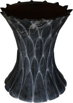 Feather Motif Side Table (Black Marble), Hand-Carved Stone Accent Table