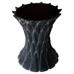 Feather Motif Side Table (Black Marble), Hand-Carved Stone Accent Table