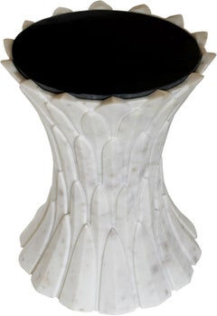 Feather Motif Side Table (White Marble), Hand-Carved Stone Accent Table