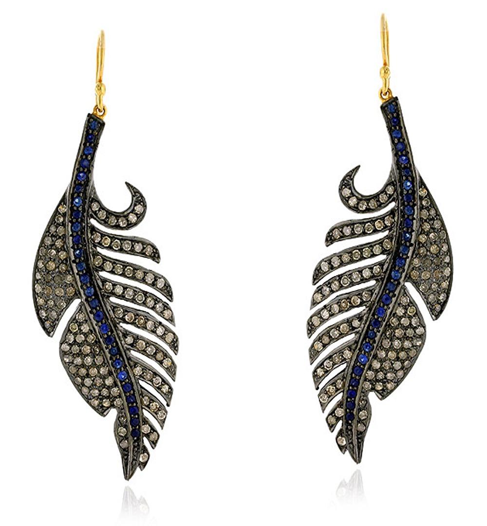 Artisan Feather Shaped Dangle Earring with Pave Sapphire & Diamonds in 18k Gold & Silver For Sale