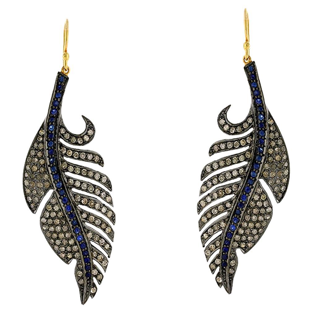 Feather Shaped Dangle Earring with Pave Sapphire & Diamonds in 18k Gold & Silver For Sale