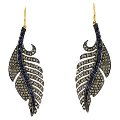 Feather Shaped Dangle Earring with Pave Sapphire & Diamonds in 18k Gold & Silver