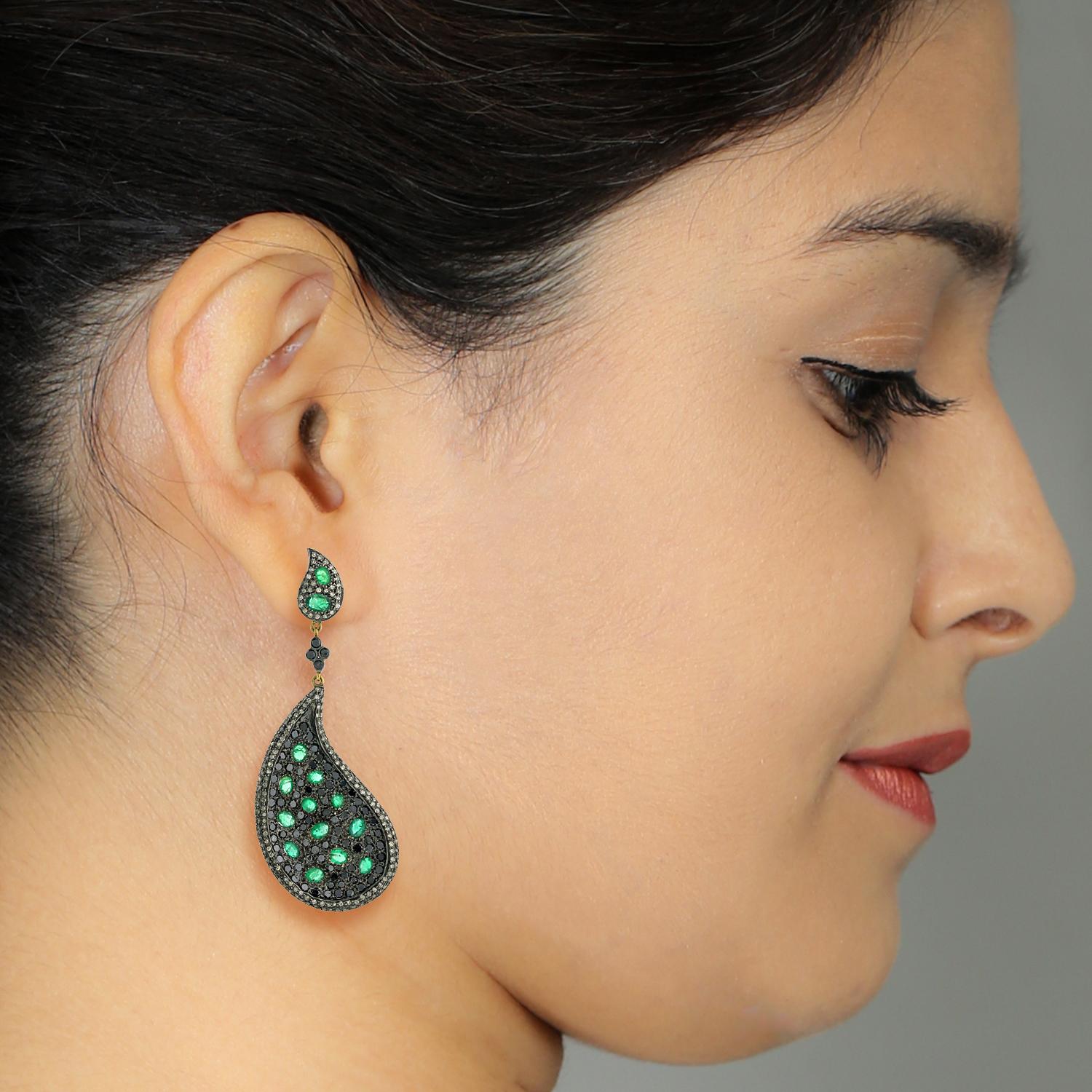 Artisan Feather Shaped Earrings With Emerald & Pave Diamonds Made in 14k Gold & Silver For Sale
