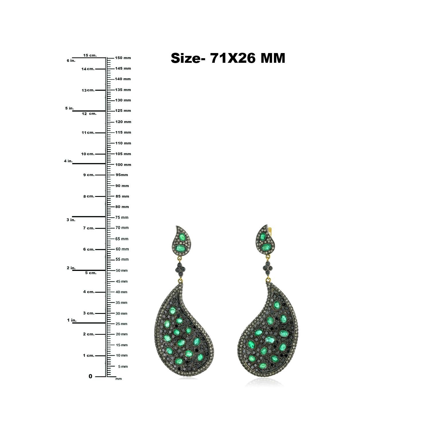 Mixed Cut Feather Shaped Earrings With Emerald & Pave Diamonds Made in 14k Gold & Silver For Sale