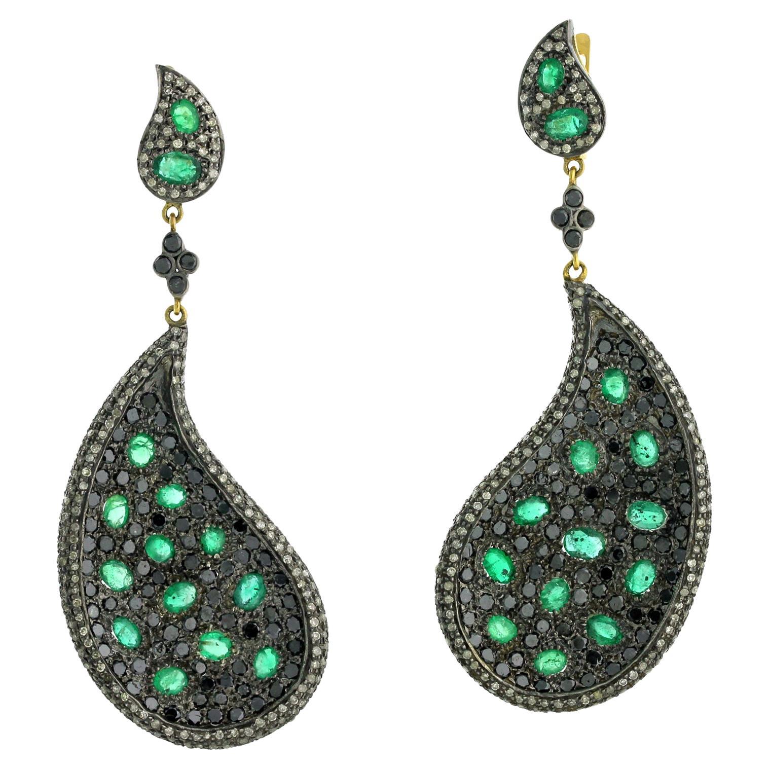 Feather Shaped Earrings With Emerald & Pave Diamonds Made in 14k Gold & Silver For Sale