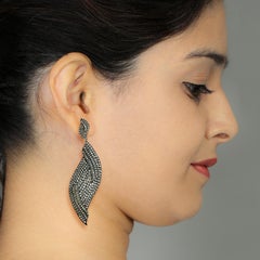 Feather Shaped Earrings with Pave Diamonds Made in 14k Yellow Gold & Silver