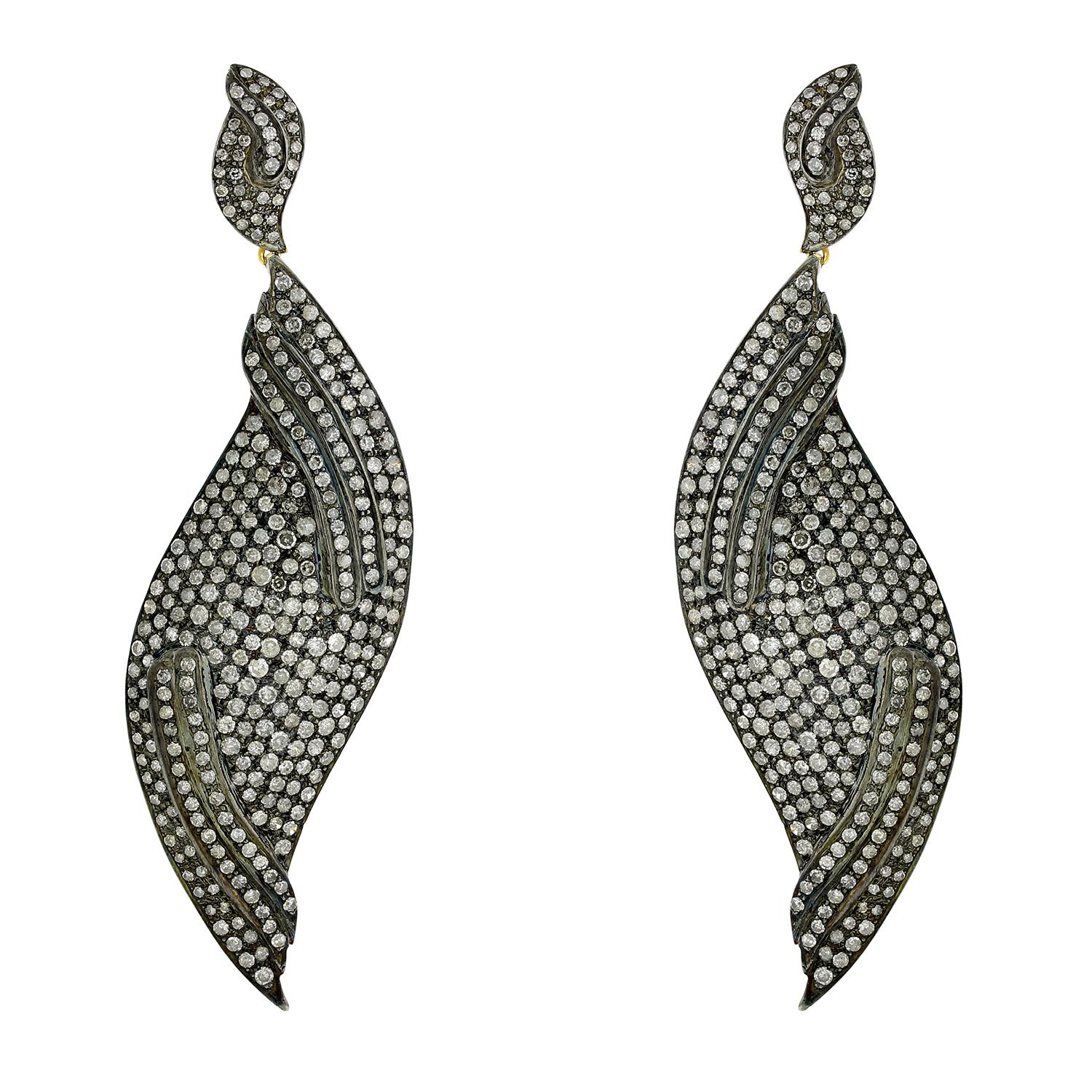 Art Deco Feather Shaped Earrings with Pave Diamonds Made in 14k Yellow Gold & Silver For Sale