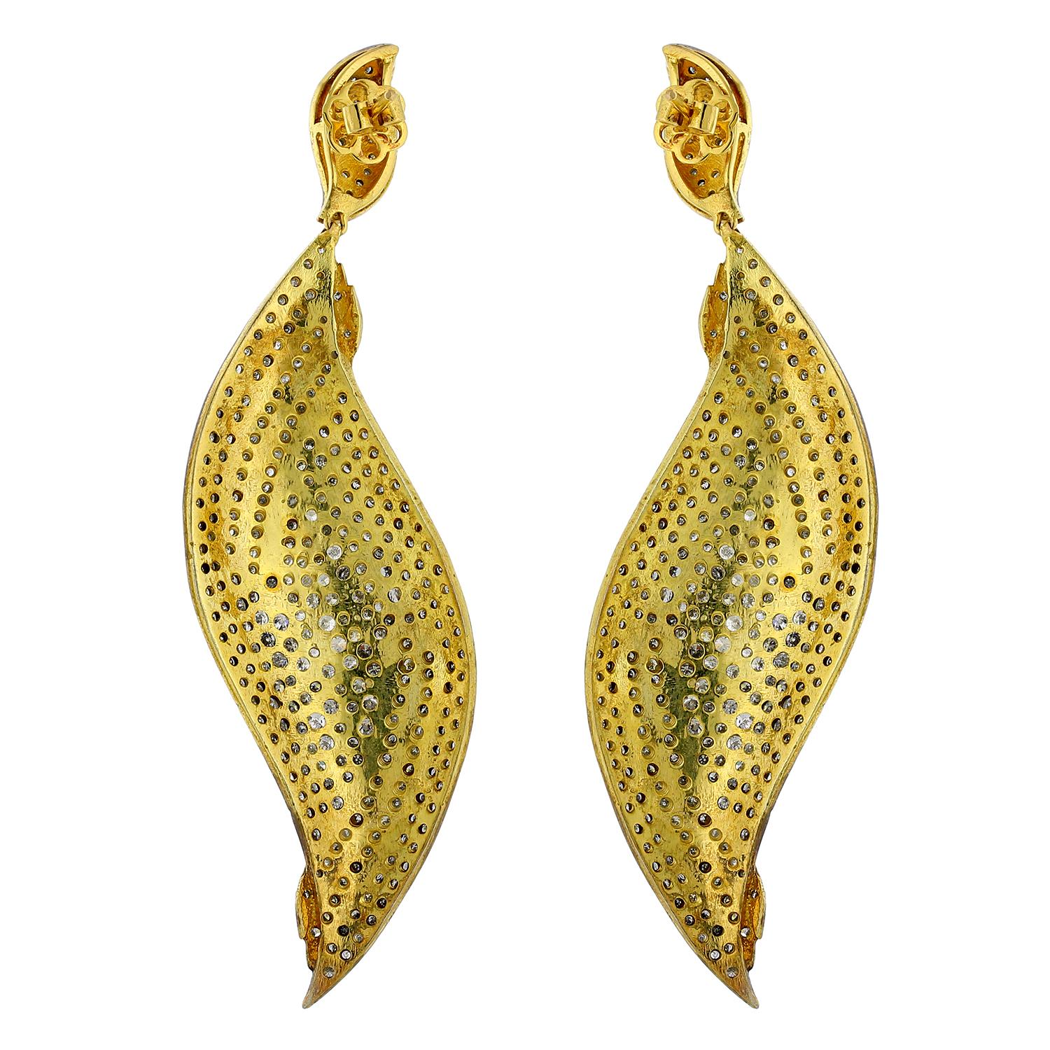 Round Cut Feather Shaped Earrings with Pave Diamonds Made in 14k Yellow Gold & Silver For Sale