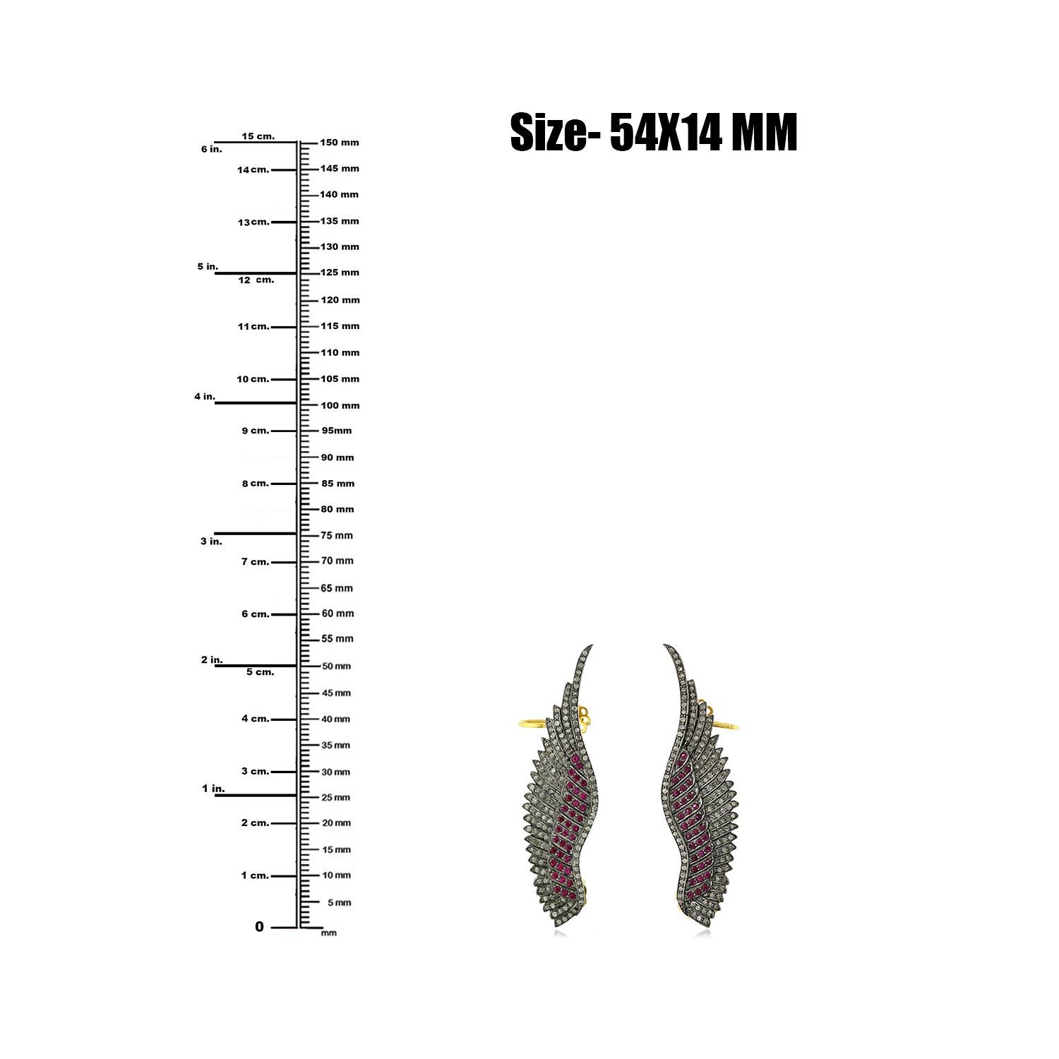 Artisan Feather Shaped Ear Cuffs With Pave Ruby & Diamonds Made In 18k Gold & Silver For Sale