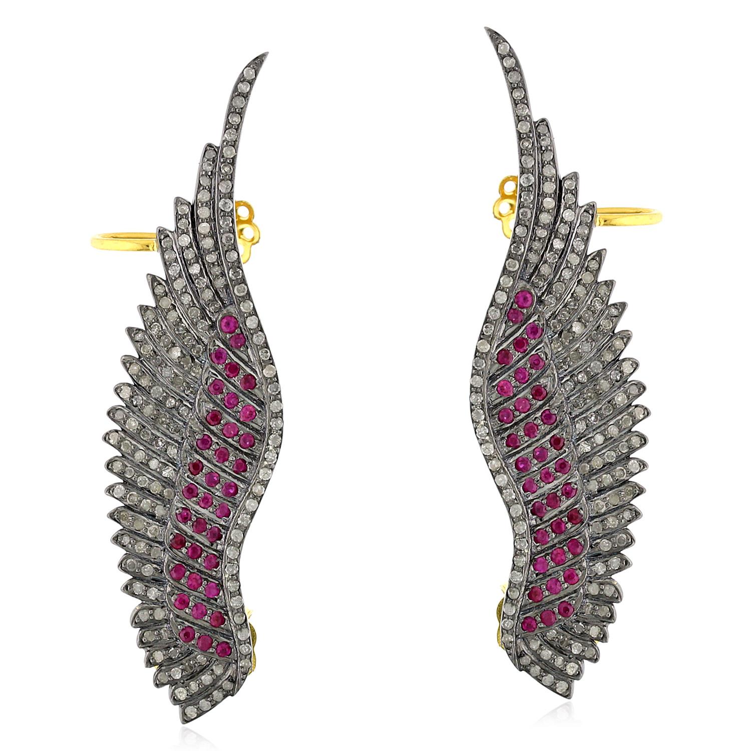 Mixed Cut Feather Shaped Ear Cuffs With Pave Ruby & Diamonds Made In 18k Gold & Silver For Sale