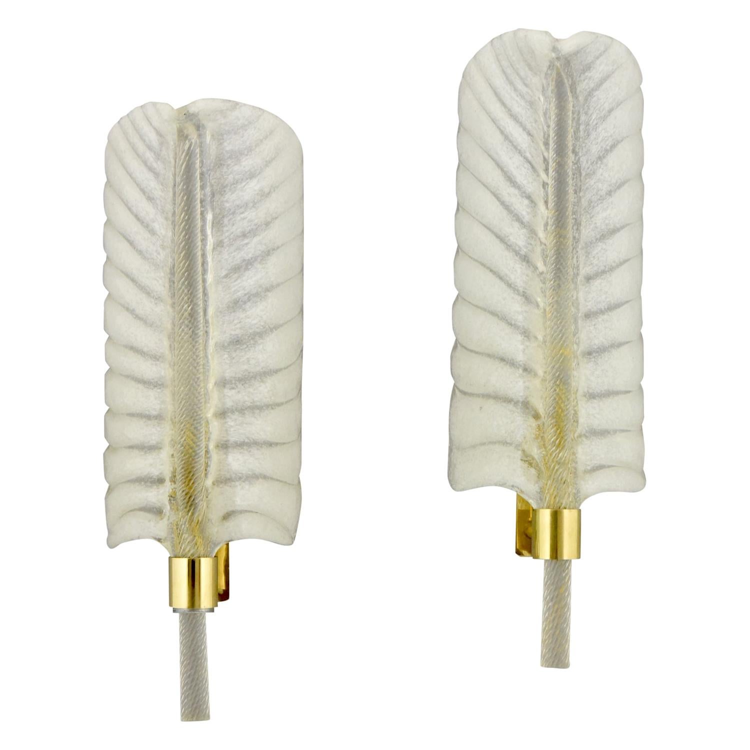 Feather Shaped Glass and Brass Sconces André Arbus for Veronese Midcentury, Pair