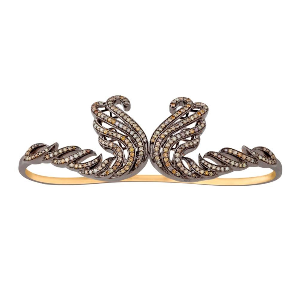 Feather Shaped Palm Bracelet With Pave Diamonds Made In 18k Gold & Silver In New Condition For Sale In New York, NY