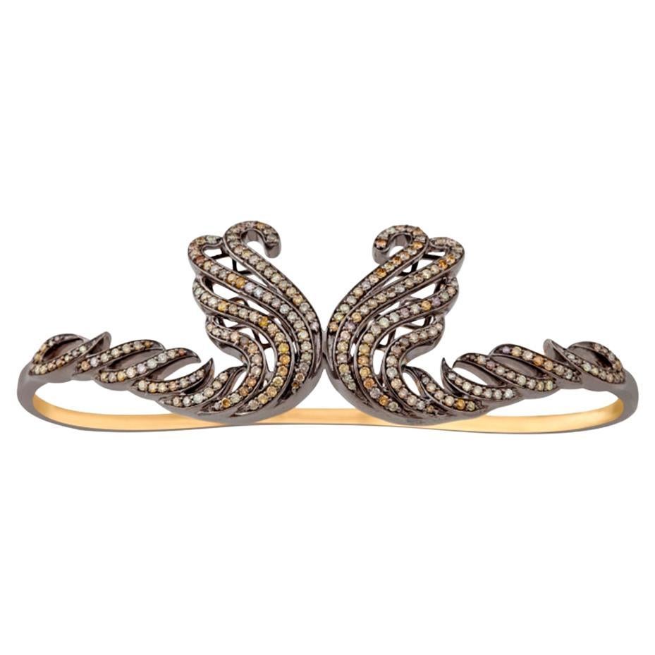 Feather Shaped Palm Bracelet With Pave Diamonds Made In 18k Gold & Silver