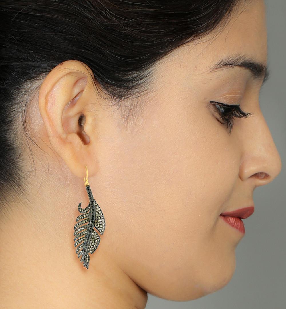 Artisan Feather Shaped Pave Diamonds Dangle Earrings Made in 18k Yellow Gold & Silver For Sale