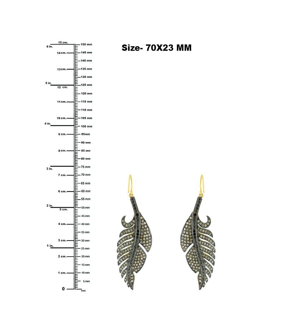 Mixed Cut Feather Shaped Pave Diamonds Dangle Earrings Made in 18k Yellow Gold & Silver For Sale