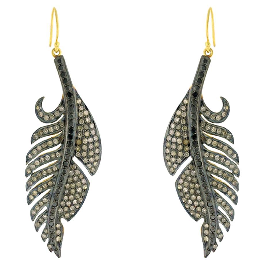 Feather Shaped Pave Diamonds Dangle Earrings Made in 18k Yellow Gold & Silver For Sale