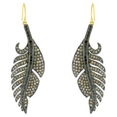 Feather Shaped Pave Diamonds Dangle Earrings Made in 18k Yellow Gold & Silver