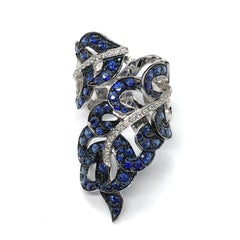 Feather White 18 Carat Gold Cocktail Ring White Diamonds and Blue Sapphires