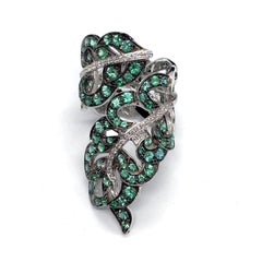 Feather White 18 Carat Gold Cocktail Ring White Diamonds and Emeralds