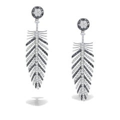 Native Feather Chandeliers Earrings 18Kt White Gold with Black & White Diamonds