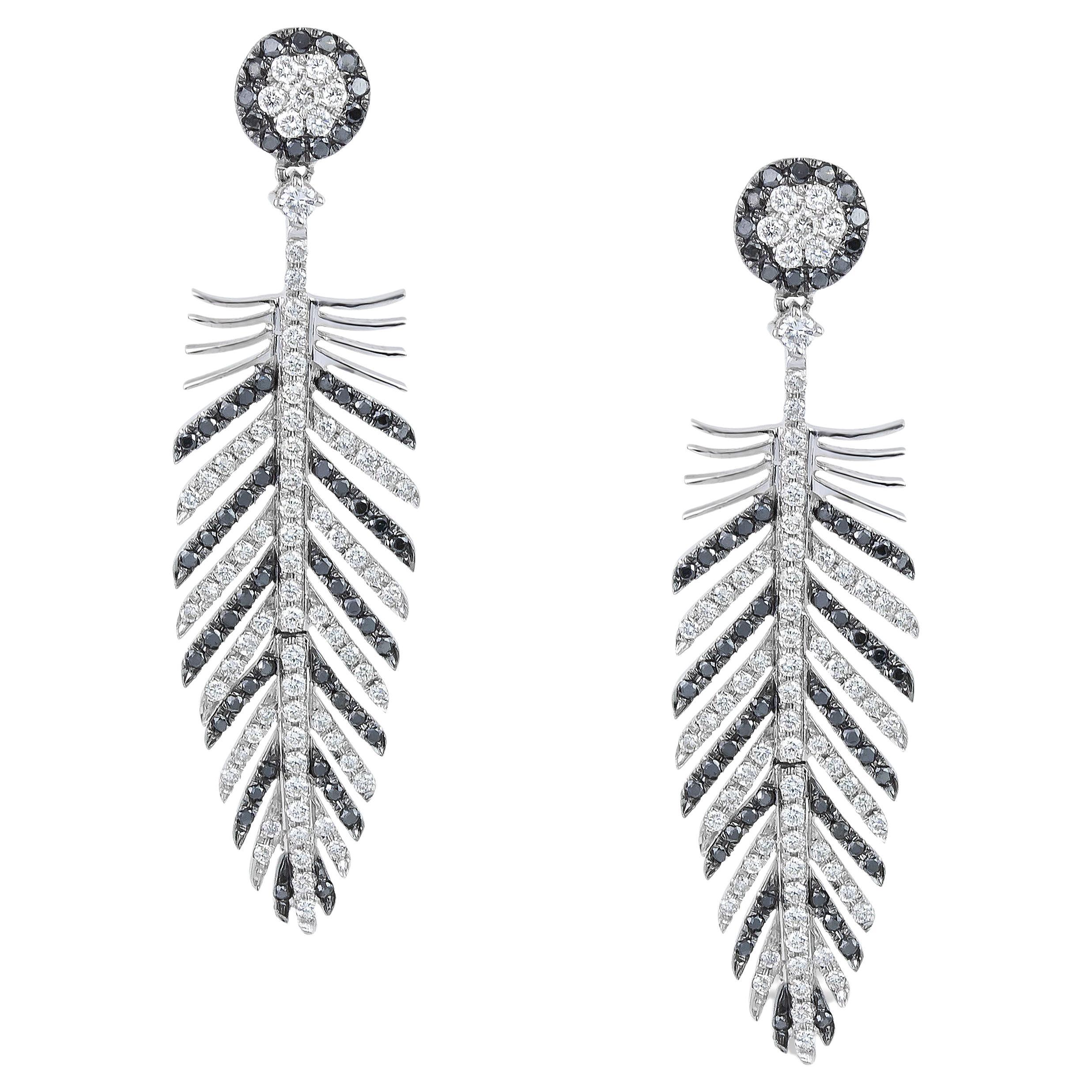 Feather Wing Chandeliers Earrings 18Kt White Gold with Black and White Diamonds For Sale