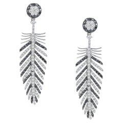 Feather Wing Chandeliers Earrings 18Kt White Gold with Black and White Diamonds