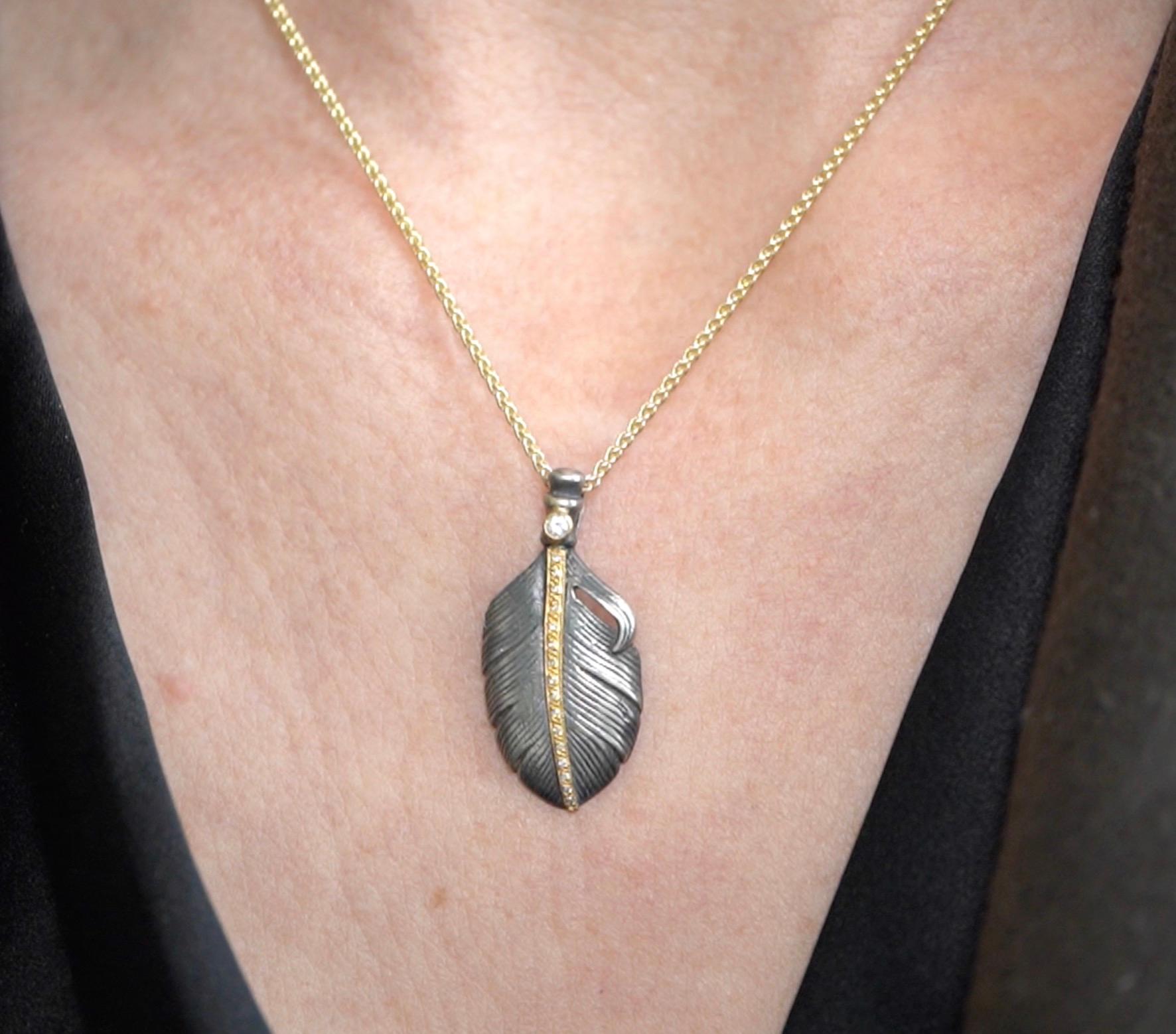Contemporary Feather with Diamonds, Charm Pendant Necklace, 24kt Gold and Silver For Sale