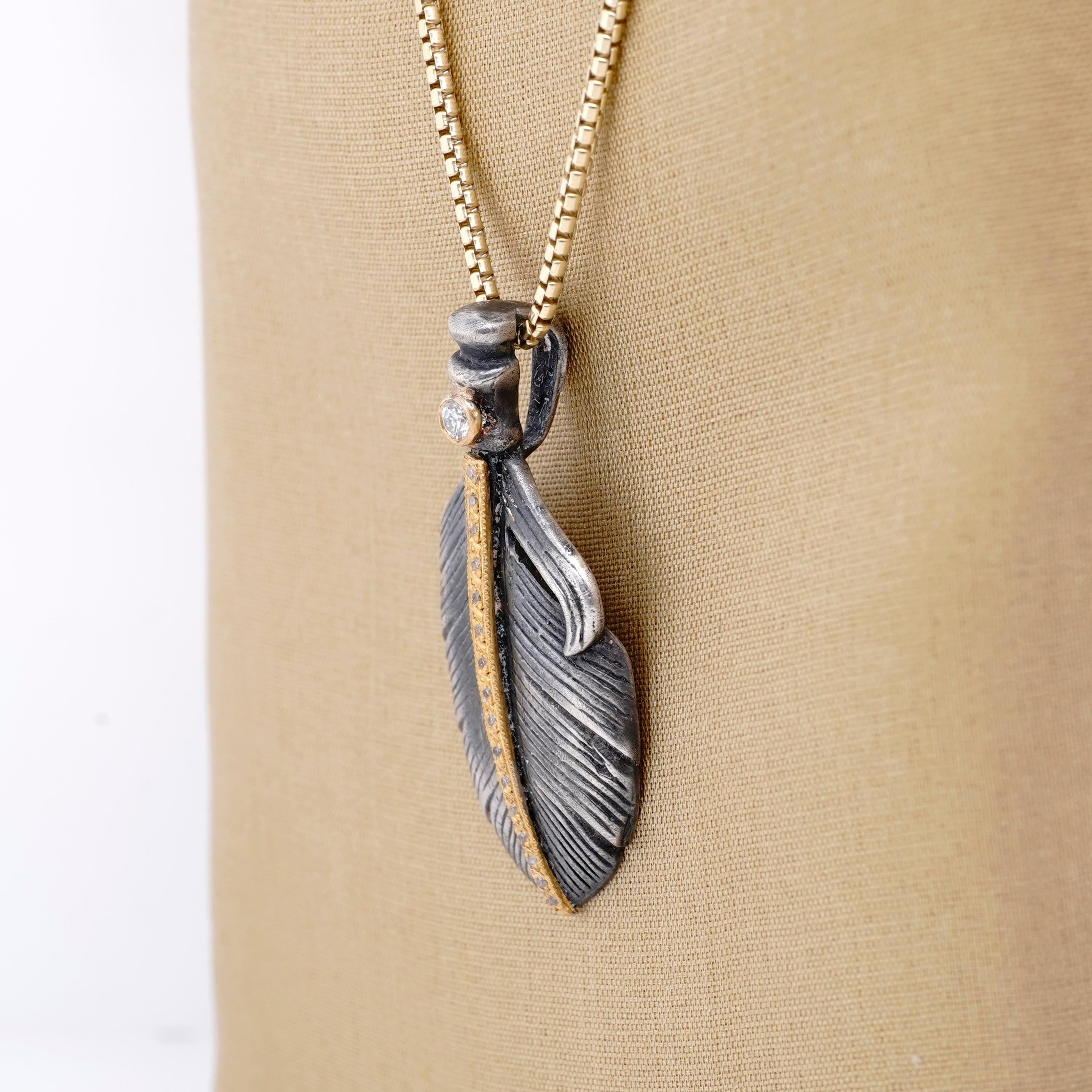 Round Cut Feather with Diamonds, Charm Pendant Necklace, 24kt Gold and Silver For Sale
